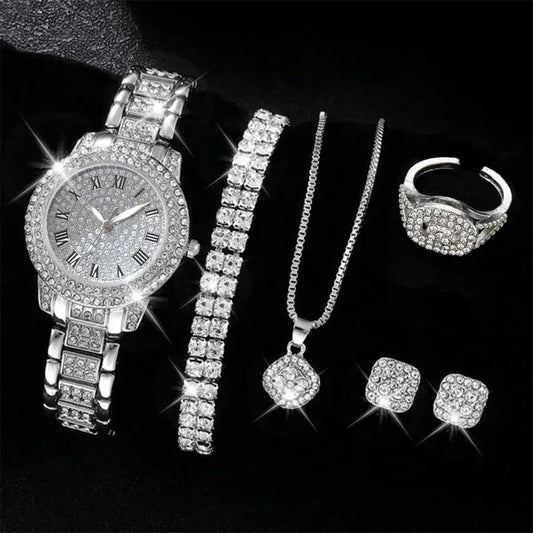 Elysian Ensemble: 6-Piece Women's Crystal Watch & Alloy Bracelet Set – Elegant Quartz Timepiece with Arabic Numerals