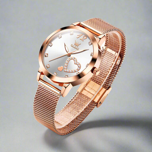 Women's Quartz Watch – Waterproof Fashion Wristwatch with Luminous Mesh Band, Love Dial & Zircon Markers