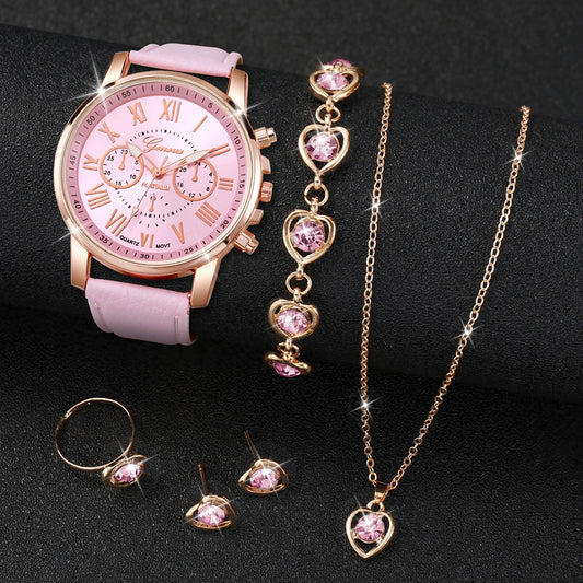 Timeless Charm Set: Women's Leather Band Watch (Roman Numerals) & 5-Piece Heart Rhinestone Jewelry