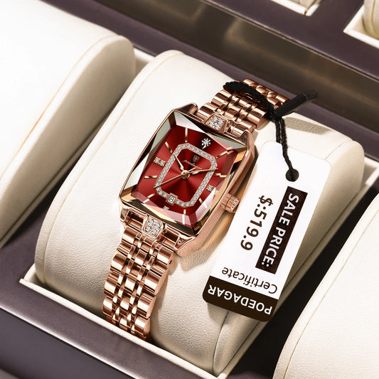 Elegant Women's Rectangle Quartz Watch – Waterproof Stainless Steel Ladies Wristwatch with Date Display