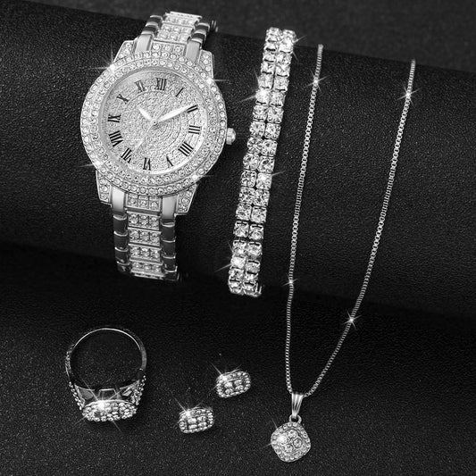 Dazzling Radiance Set: 6-Piece Women's Watch & Jewelry – 'Full Diamond' Style, Roman Numerals