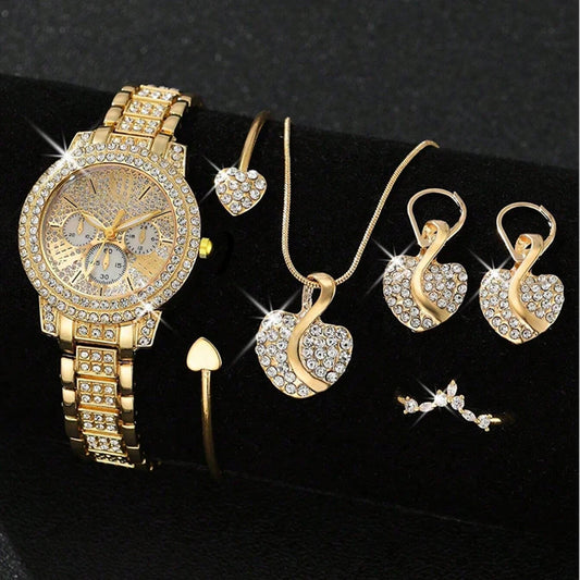 Gilded Elegance: Women's Gold-Tone Luxury Watch, Ring, Necklace & Earring Set – Rhinestone Quartz Timepiece