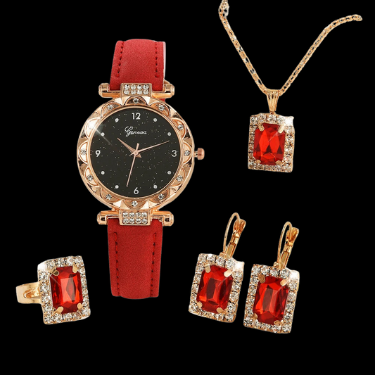 Elegant Rhinestone Women's Watch & Jewelry Gift Set (5-Piece) – Quartz Wristwatch with Leather Strap, Necklace, Ring & Earrings